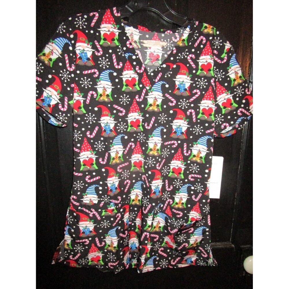 Elite Med Gnome Candy Cane Snowflake Holiday Christmas Scrub Top Size Small S